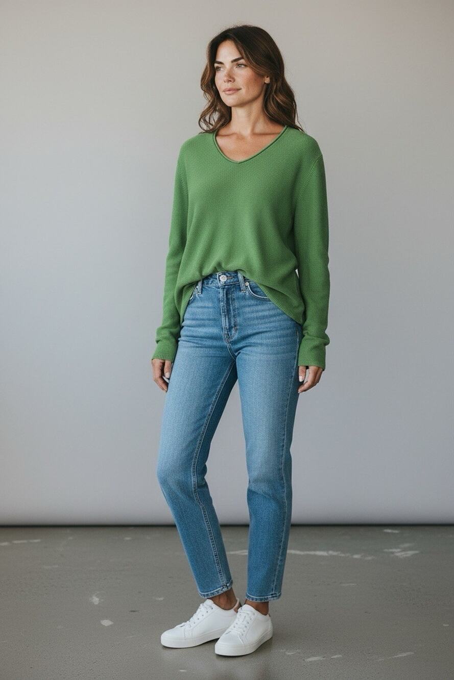 Talbots Grass Green V-neck Lightweight Tight Knit Cotton Sweater Size Medium